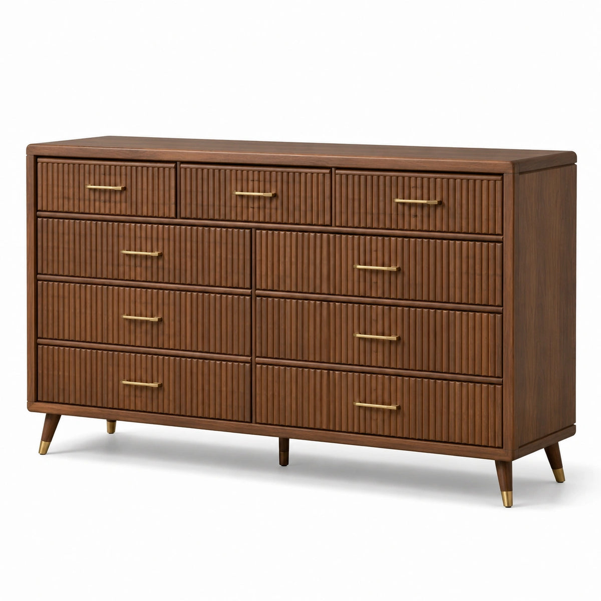 Commode rétro à 9 tiroirs en bois brun et laiton, 160 x 45 x 90 cm