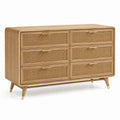 Commode rétro 140 x 45 x 85 cm en bois naturel et rotin tressé, 6 tiroirs