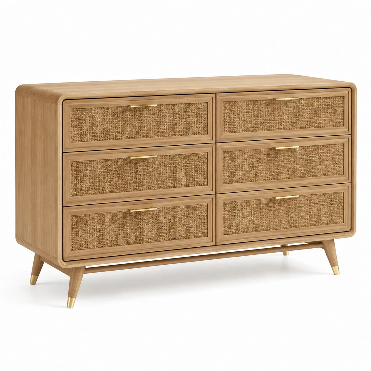 Commode rétro 140 x 45 x 85 cm en bois naturel et rotin tressé, 6 tiroirs