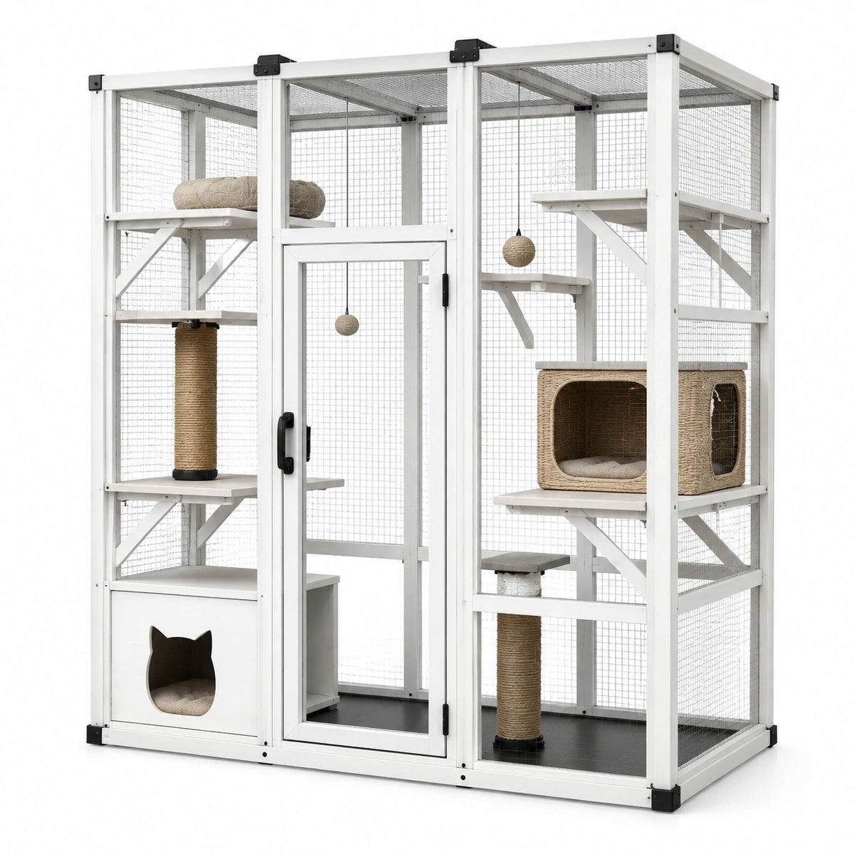 Enclos pour chats blanc avec grillage, plateformes, niches et poteaux en sisal, 180 x 90 x 180 cm