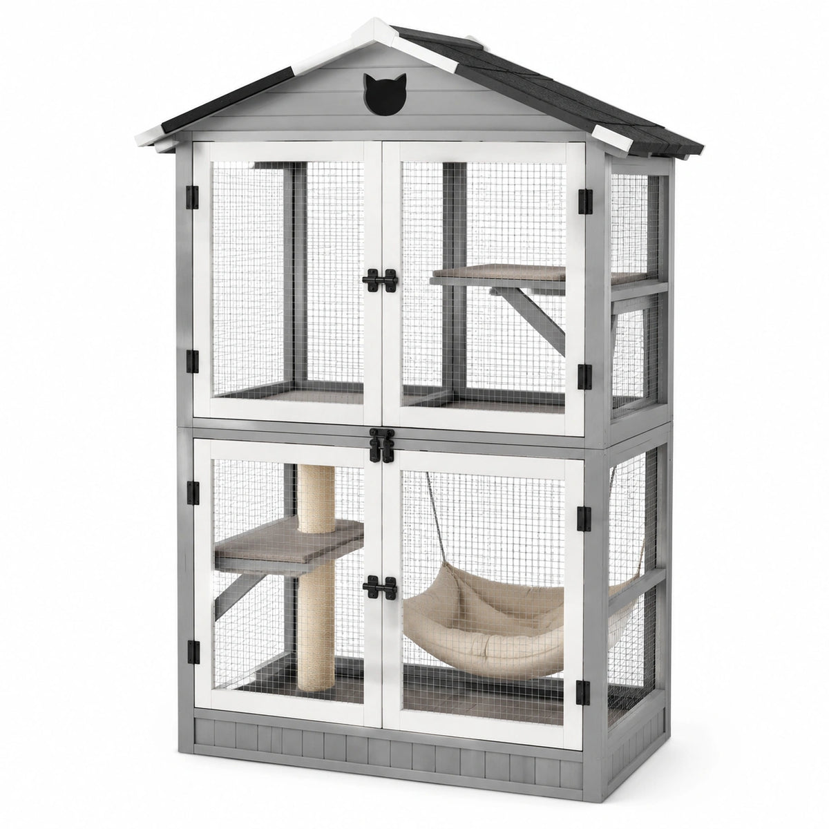 Enclos extérieur pour chat en bois 120 x 80 x 200 cm, Gris, Blanc, Noir et Beige, avec grillage, plateformes et hamac