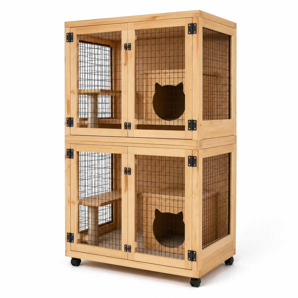 Armoire pour chat à deux niveaux 90 x 60 x 160 cm en bois naturel et métal noir avec roulettes