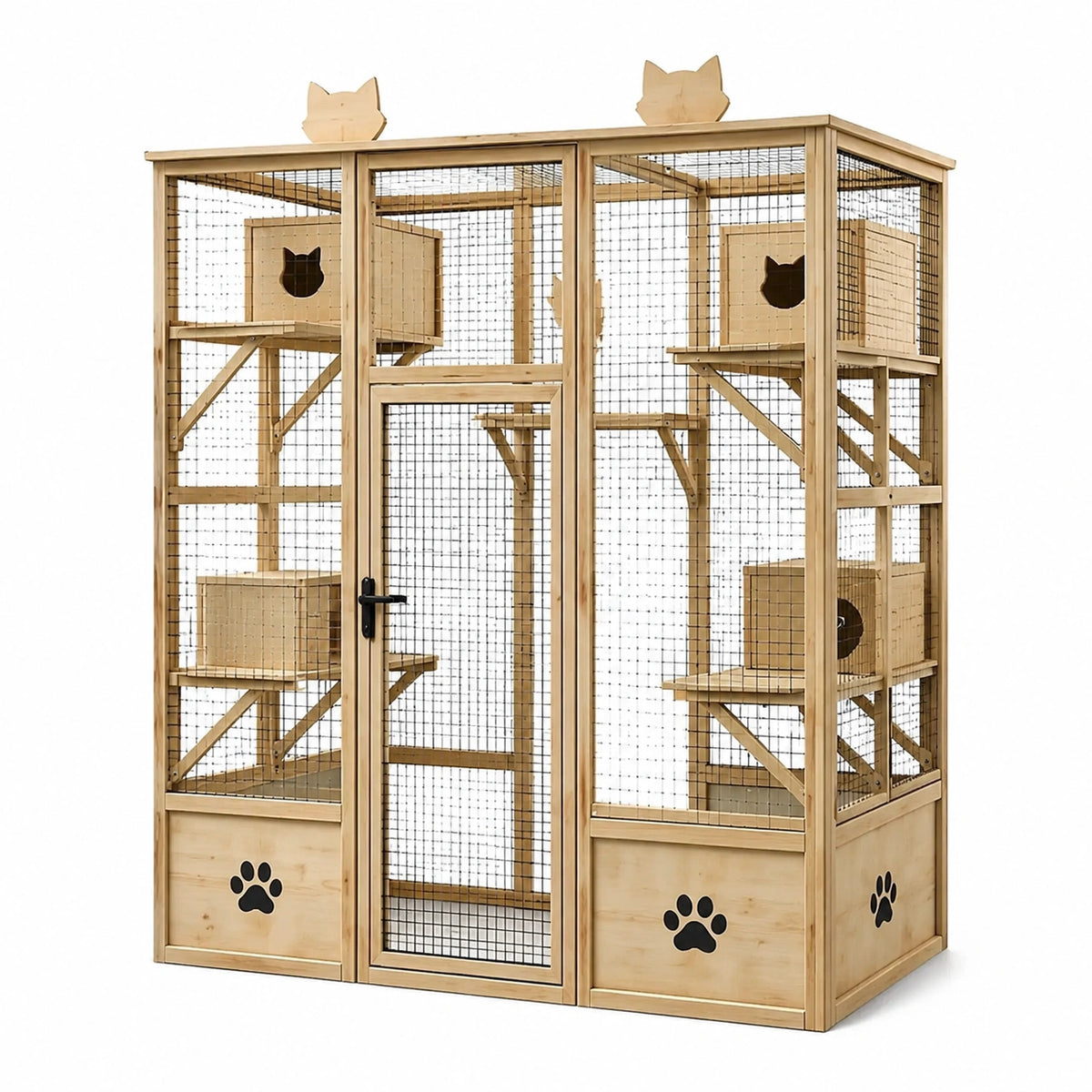 Enclos pour chats 180 x 90 x 180 cm en bois naturel et noir avec plateformes